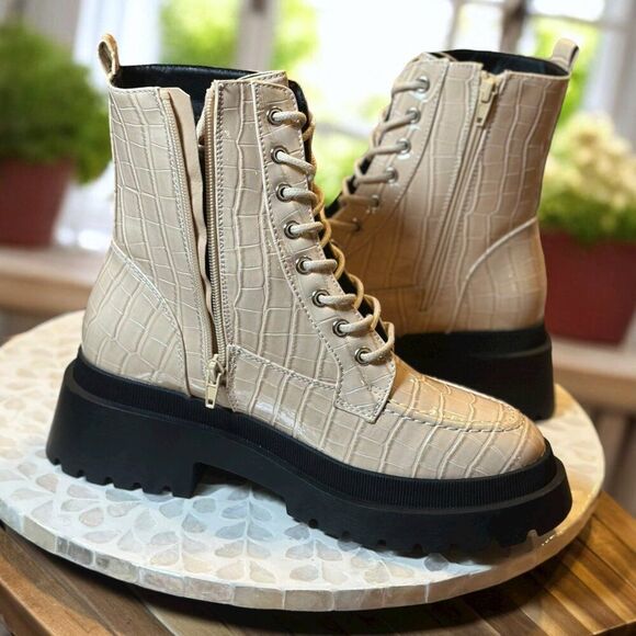 Topshop Kara Lace-Up Combat Boots Croc Embossed Beige Lug Sole Women’s 9.5 / 40 - Picture 8 of 15